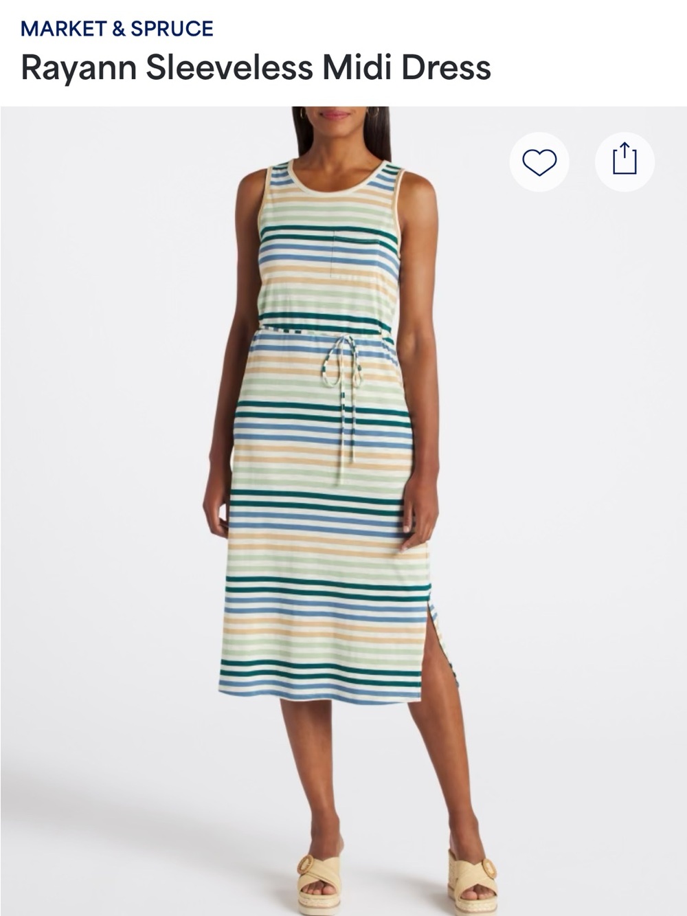 Market & Spruce Sleeveless Midi Dress in Blue, Green, Cream, Tan Stripes